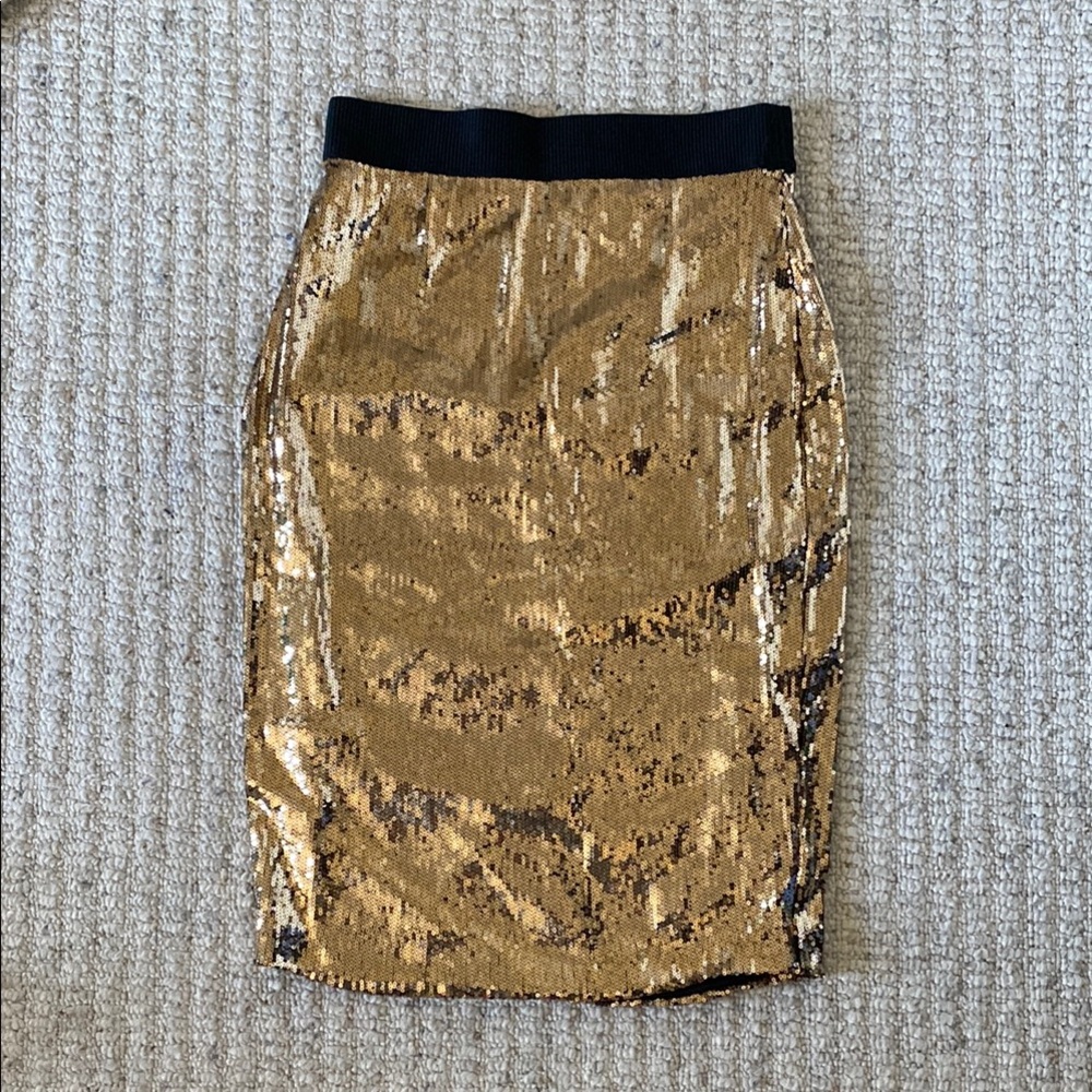 Thalia Sodi Gold Sequin Pencil Skirt with Black Waistband